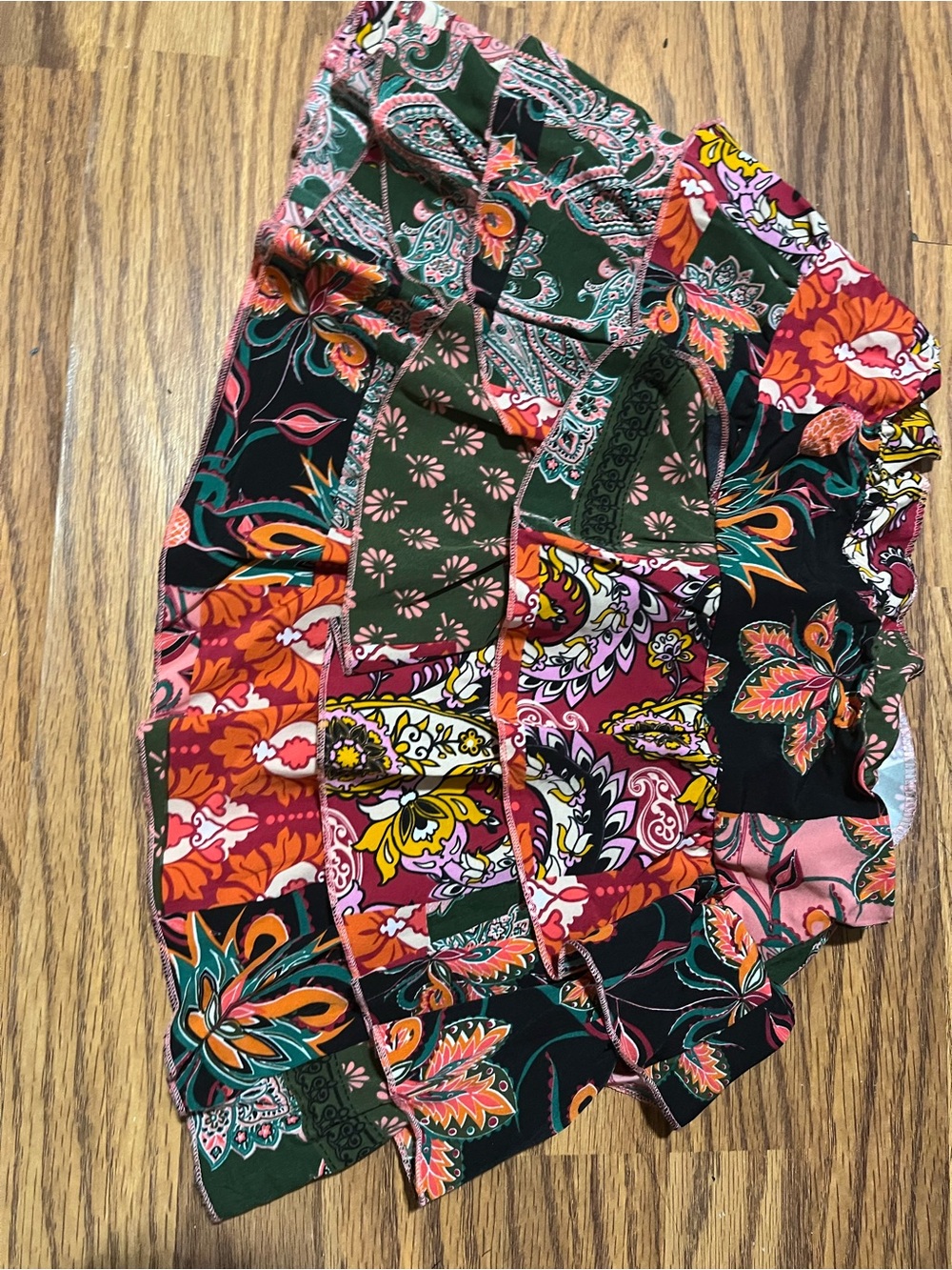 SHEIN Multicolor Patchwork Floral Skater Skirt - Green/Black/Pink/Orange